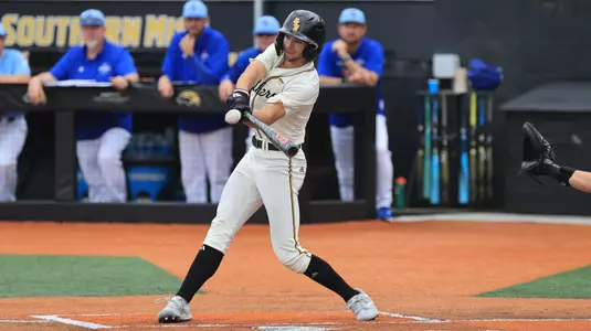 Southern Miss. pitcher Dalton McIntyre (14) with a base hit in a game between the Southern Miss Golden Eagles and the Indiana State Sycamores in a NCAA Baseball game. March 3 , 2024. (Joe Harper/bgnphoto.com)