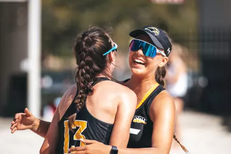 Ola Chudzik (1) and Sarah Murczek (13) celebrate against Nicholls