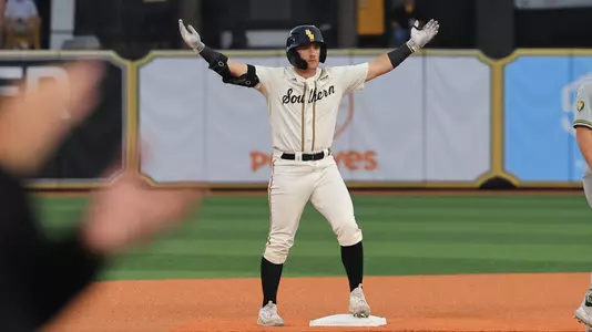Southern Miss. infielder Nolan Tucker (16) celebrates the rbi double in a game between the Southern Miss Golden Eagles and the Southeastern Louisiana Lions in a NCAA Baseball game. April 9, 2024. (Joe Harper/bgnphoto.com)