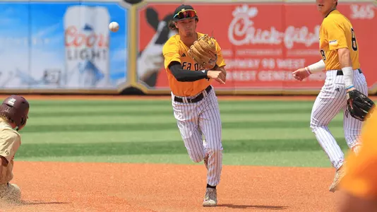 Southern Miss. infielder Ozzie Pratt (4) throws the ball to first base to complete the double play in a NCAA Baseball game between the Southern Miss Golden Eagles and the Texas State Bobcats. May 18, 2024. (Joe Harper/bgnphoto.com)