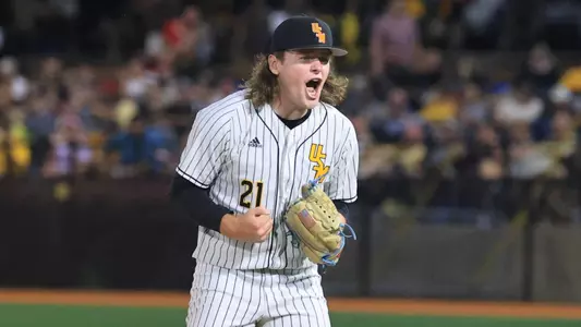 Southern Miss. pitcher Billy Oldham (21) celebrates after a strong seven innings pitched in a NCAA Baseball game between the Southern Miss Golden Eagles and the Coastal Carolina. May 3,2024. (Joe Harper/bgnphoto.com)