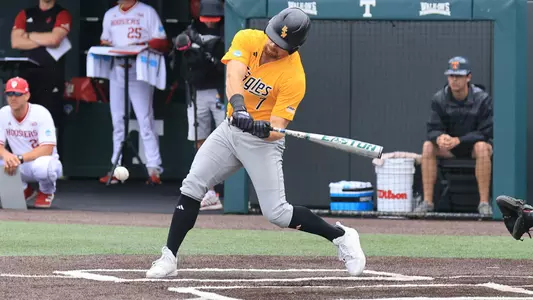Southern Miss. outfielder Slade Wilks (7) with a base hit to extend his hitting streak in a NCAA Regional Baseball game between the Southern Miss Golden Eagles and the Indiana Hoosiers. June 2, 2024. (Joe Harper/bgnphoto.com)