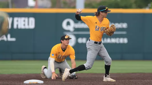 Southern Miss. infielder Ozzie Pratt (4) throws the ball to first base to complete the double play in a NCAA Regional Baseball game between the Southern Miss Golden Eagles and the Indiana Hoosiers. June 2, 2024. (Joe Harper/bgnphoto.com)