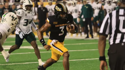 Southern Miss Golden Eagles quarterback Ethan Crawford (3) breaks into the open in a NCAA football game between the Southern Miss Golden Eagles and the South Florida Bulls. September 14, 2024. (Joe Harper/bgnphoto.com)