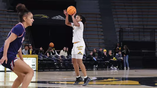 Southern Miss Lady Eagles guard Micah Cooper (0) shoots a three point shot In a game between the Southern Miss Golden Eagles and the South Alabama Jaguars in a NCAA Women’s basketball  game. January 18, 2025 (Joe Harper/bgnphoto.com)