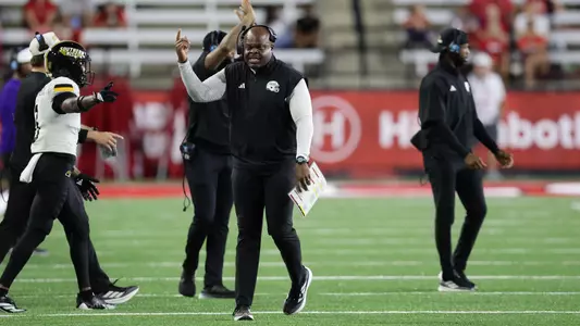 Southern Miss Golden Eagles head coach Charles Huff celebrates a big play In a game between Southern Miss and Louisiana and in the NCAA Football game. October 18, 2025 (Joe Harper/bgnphoto.com)