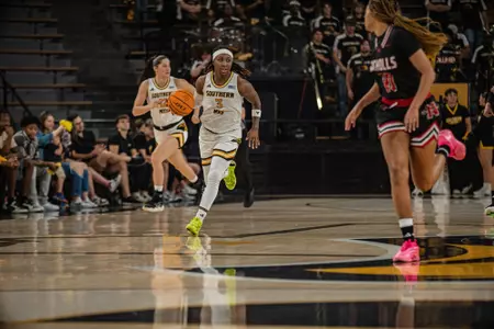 Jakayla Johnson brings the ball up the floor against Nicholls