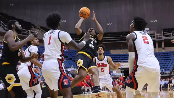 Basketball Action in a game between Southern Miss Golden Eagles and Ole Miss and in the NCAA Men’s Basketball game. December 07, 2025 (Joe Harper/bgnphoto.com)