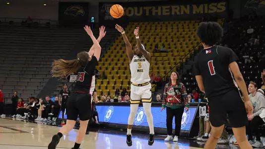 Southern Mississippi Golden Eagles guard Jakayla Johnson (3) shoots a three point shot in a game between Southern Miss Golden Eagles and Louisiana in a NCAA Women’s Basketball game. December 20, 2025 (Joe Harper/bgnphoto.com)