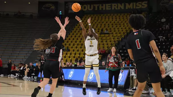 Southern Mississippi Golden Eagles guard Jakayla Johnson (3) shoots a three point shot in a game between Southern Miss Golden Eagles and Louisiana in a NCAA Women’s Basketball game. December 20, 2025 (Joe Harper/bgnphoto.com)