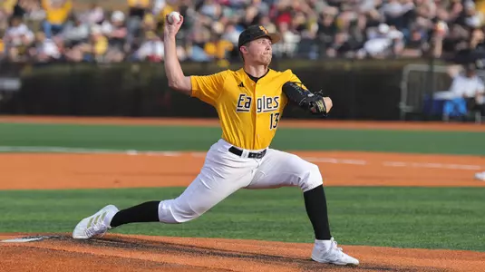 Southern Miss. pitcher Matt Adams (13) throws a pitch in the second game of a doubleheader between the Southern Miss Golden Eagles and the Lafayette Leopards in a NCAA baseball game. February 16, 2025 (Joe Harper/bgnphoto.com)