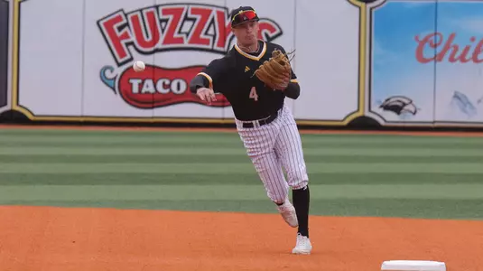 Southern Miss. infielder Ozzie Pratt (4) throws a ball from shortstop in a game between the Southern Miss Golden Eagles and the Lafayette Leopards in a NCAA baseball game. February 16, 2025 (Joe Harper/bgnphoto.com)