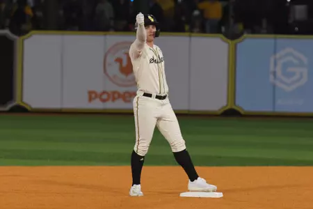 Southern Miss. outfield Joey Urban (1) celebrates the double at second base in a game between the Southern Miss Golden Eagles and the Mississippi State Bulldogs in a NCAA baseball game. February 18, 2025 (Joe Harper/bgnphoto.com)