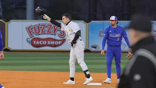 Southern Miss. infielder Davis Gillespie (11) celebrates the double at second base in a game between the Southern Miss Golden Eagles and Louisiana Tech in a NCAA baseball game. February 21,,2025 (Joe Harper/bgnphoto.com)