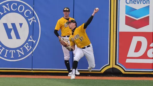 Southern Miss. outfielder Carson Paetow (37) throws the ball in from right center field in the first game of a double header  between the Southern Miss Golden Eagles and Louisiana Tech  in a NCAA basketball game. February 22,,2025 (Joe Harper/bgnphoto.com)