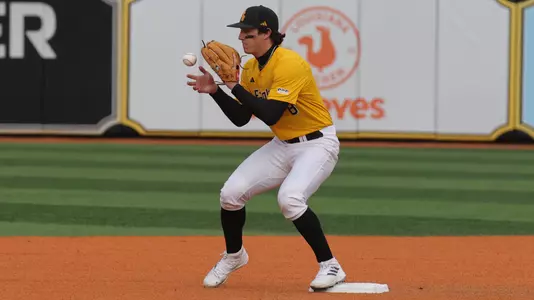 Southern Miss. infielder Nick Monistere (8) catches the ball at second base to start a double play in the second game of a double header  between the Southern Miss Golden Eagles and Louisiana Tech  in a NCAA basketball game. February 22,,2025 (Joe Harper/bgnphoto.com)