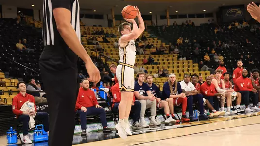 Southern Miss Golden Eagles guard Jett Montgomery (5) with a three point shot in a game between the Southern Miss Golden Eagles and South Alabama in a NCAA Mens basketball game. February 26, 2025 (Joe Harper/bgnphoto.com)