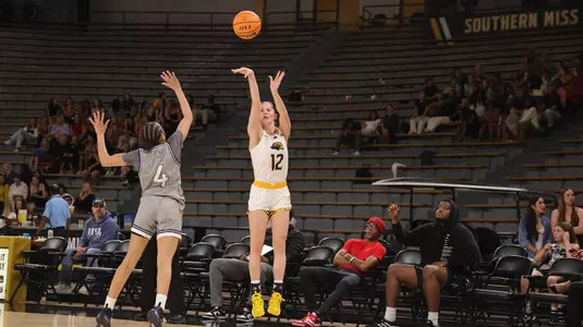 Southern Miss Lady Eagles guard Morgan Sieper (12) with a three point shot In a game between the Southern Miss Lady Eagles and the Georgia Southern Lady Eagles in a NCAA Women’s basketball game. February 05, 2025 (Joe Harper/bgnphoto.com)