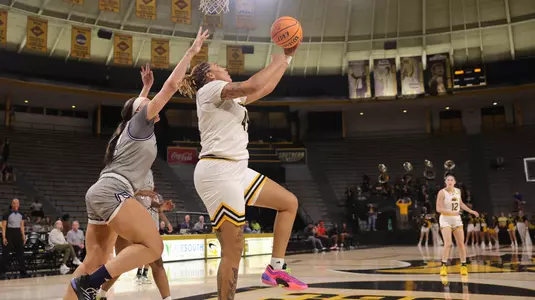 Southern Miss Lady Eagles center Melyia Grayson (45) with a reverse layup In a game between the Southern Miss Lady Eagles and the Georgia Southern Lady Eagles  in a NCAA Women’s basketball  game. February 05, 2025 (Joe Harper/bgnphoto.com)