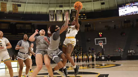 Southern Miss Lady Eagles guard Nyla Jean (14) with a fade away jump shot In a game between the Southern Miss Lady Eagles and the Georgia Southern Lady Eagles in a NCAA Women’s basketball game. February 05, 2025 (Joe Harper/bgnphoto.com)