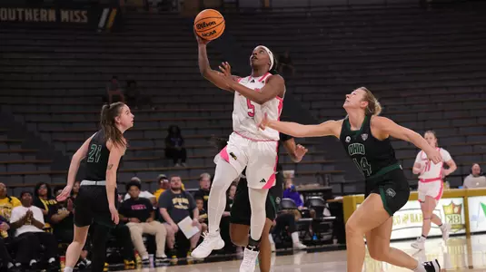 Southern Miss Lady Eagles guard Bre Sutton (5) with a layup in a game between the Southern Miss Lady Eagles and the Ohio Bobcats in a NCAA Women’s basketball game. February 08, 2025 (Joe Harper/bgnphoto.com)