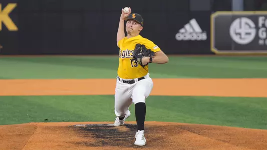Southern Miss. pitcher Matt Adams (13) throws a pitch in a game between the Southern Miss Golden Eagles and UT Rio Grande Valley in the NCAA baseball game. March 11, 2025 (Joe Harper/bgnphoto.com)