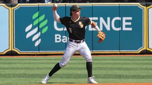 Southern Miss. pitcher Nick Monistere (8) throws the ball to first base to record the out in a game between the Southern Miss Golden Eagles and Old Dominion in the NCAA baseball game. March 16, 2025 (Joe Harper/bgnphoto.com)