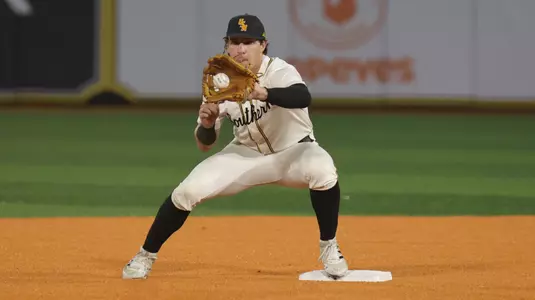 Southern Miss. pitcher Nick Monistere (8) catches the ball at second base to start a double play in a game between the Southern Miss Golden Eagles and Tulane in the NCAA baseball game. April 1, 2025 (Joe Harper/bgnphoto.com)