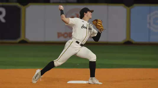 Southern Miss. pitcher Nick Monistere (8) throws the ball to first base to complete the double play in a game  between the Southern Miss Golden Eagles and Tulane in the NCAA  baseball game.  April 1, 2025 (Joe Harper/bgnphoto.com)
