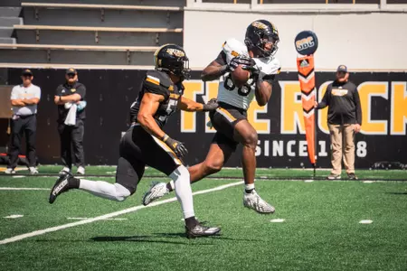 Kyirin Heath makes a catch during the annual spring game on April 12, 2025