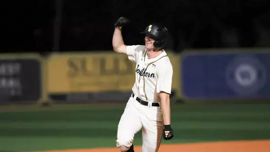 Southern Miss. outfielder Jake Cook (2) celebrates his first career home run while rounding the bases in a game between the Southern Miss Golden Eagles and UNO in the NCAA baseball game. April 29, 2025 (Joe Harper/bgnphoto.com)