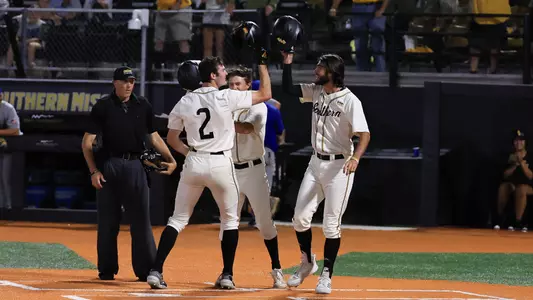 Southern Miss. outfielder Jake Cook (2) celebrates his first career home run at home plate in a game between the Southern Miss Golden Eagles and UNO in the NCAA baseball game. April 29, 2025 (Joe Harper/bgnphoto.com)