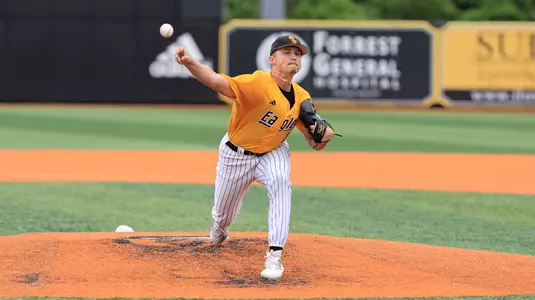 Southern Miss. pitcher Matt Adams (13) throws a pitch in a game  between the Southern Miss Golden Eagles and Louisiana in the NCAA  baseball game.  May 10, 2025 (Joe Harper/bgnphoto.com)