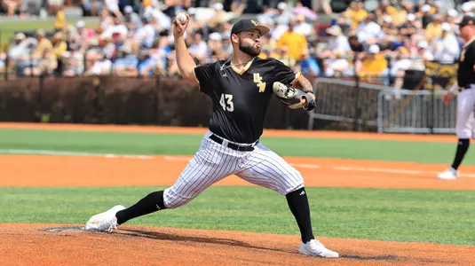 Southern Miss. pitcher Landen Payne (43) throws a pitch in a game between the Southern Miss Golden Eagles and Louisiana in the NCAA baseball game. May 11, 2025 (Joe Harper/bgnphoto.com)