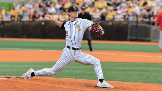Southern Miss. pitcher JB Middleton (18) throws a pitch in a game between the Southern Miss Golden Eagles and Arkansas State in the NCAA baseball game. May 2, 2025 (Joe Harper/bgnphoto.com)