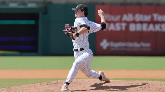 Southern Miss. pitcher JB Middleton (18) throws a pitch in a Sun Belt tournament game between the Southern Miss Golden Eagles and Texas State in the NCAA baseball game. May 21, 2025 (Joe Harper/bgnphoto.com)