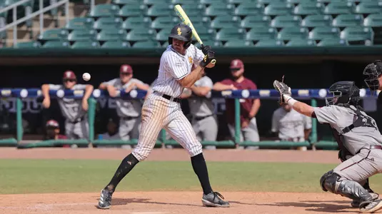 Southern Miss. outfielder Jake Cook (2) is hit by a pitch in a Sun Belt tournament game between the Southern Miss Golden Eagles and Texas State in the NCAA  baseball game.  May 21, 2025 (Joe Harper/bgnphoto.com)