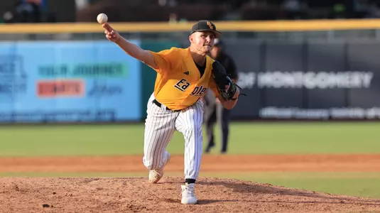 Southern Miss. pitcher Matt Adams (13) throws a pitch in a Sun Belt tournament game between the Southern Miss Golden Eagles and Old Dominion in the NCAA baseball game. May 22, 2025 (Joe Harper/bgnphoto.com)