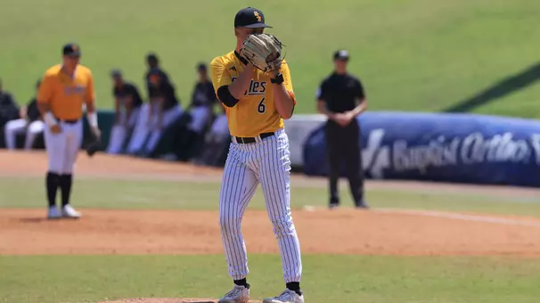 Southern Miss. pitcher Colby Allen (6) stares down the batter in a Sun Belt tournament game between the Southern Miss Golden Eagles and Troy in the NCAA baseball game. May 24, 2025 (Joe Harper/bgnphoto.com)