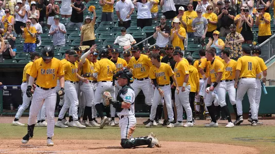 Southern Miss. outfielder Joey Urban (1) celebrates with his team after the home run in a Sun Belt Tournament Championship game between the Southern Miss Golden Eagles and Coastal Carolina in the NCAA baseball game. May 25, 2025 (Joe Harper/bgnphoto.com)