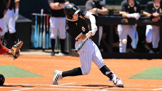 Southern Miss. pitcher Nick Monistere (8) puts the ball in play in a game  between the Southern Miss Golden Eagles and Arkansas State in the NCAA  baseball game.  May 4, 2025 (Joe Harper/bgnphoto.com)