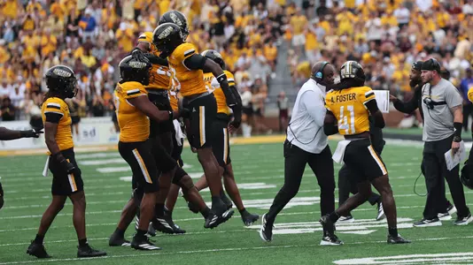 Southern Miss celebrates a big stop In a game between Southern Miss and Mississippi State and in the NCAA Football game. August 30, 2025 (Joe Harper/bgnphoto.com)