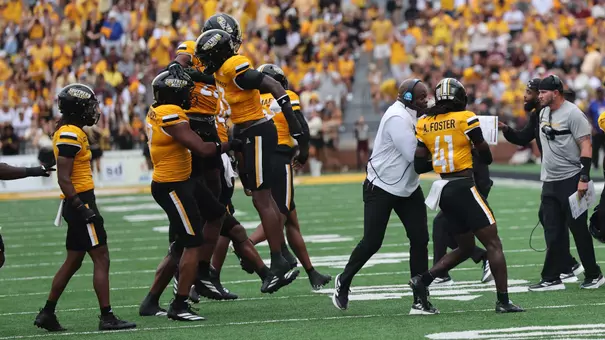 Southern Miss celebrates a big stop In a game between Southern Miss and Mississippi State and in the NCAA Football game. August 30, 2025 (Joe Harper/bgnphoto.com)