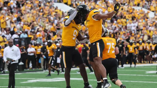 Southern Miss celebrates the touchdown In a game between Southern Miss and Mississippi State and in the NCAA Football game. August 30, 2025 (Joe Harper/bgnphoto.com)