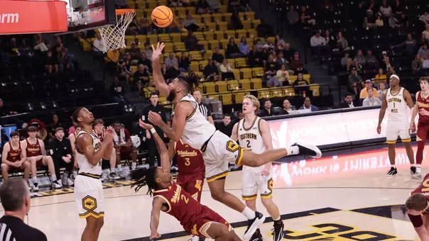 Southern Mississippi Golden Eagles forward Djahi Binet (15) finishes the shot in a game between Southern Miss Golden Eagles and Louisiana Monroe Warhawks in a NCAA Men’s Basketball game. January 10, 2026 (Joe Harper/bgnphoto.com)