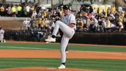 Southern Mississippi Golden Eagles pitcher Colby Allen (6) throws a pitch in a game between Southern Miss and UC Santa Barbara in a NCAA baseball game. February 13, 2026 (Joe Harper/bgnphoto.com)