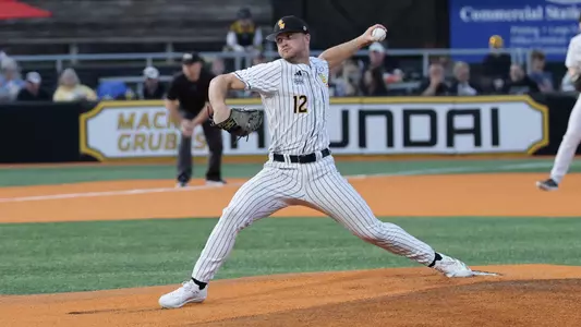 Southern Mississippi Golden Eagles pitcher Kros Sivley (12) throws a pitch in a game between Southern Miss and UC Santa Barbara in a NCAA baseball game. February 13, 2026 (Joe Harper/bgnphoto.com)