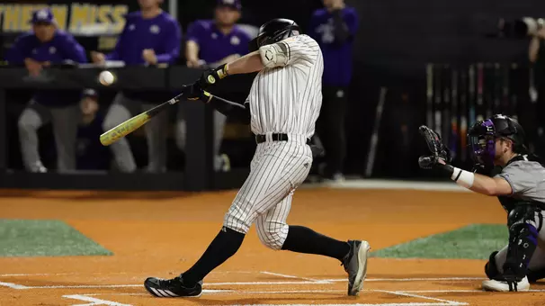 Southern Mississippi Golden Eagles outfielder Joey Urban (1) puts the ball in play in a game between Southern Miss and North Alabama in a NCAA Baseball game. March 06, 2026 (Joe Harper/bgnphoto.com)