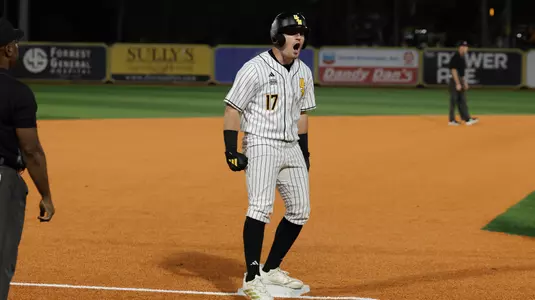 Southern Mississippi Golden Eagles infielder Kyle Morrison (17) celebrates the triple at third base in a game between Southern Miss and North Alabama in a NCAA Baseball game. March 06, 2026 (Joe Harper/bgnphoto.com)