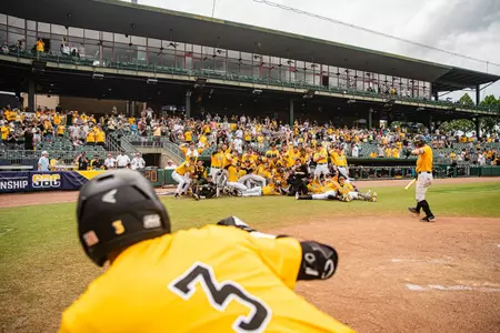 Seth Smith takes photo after home run to leadoff 2026 Sun Belt Conference title game versus Louisiana